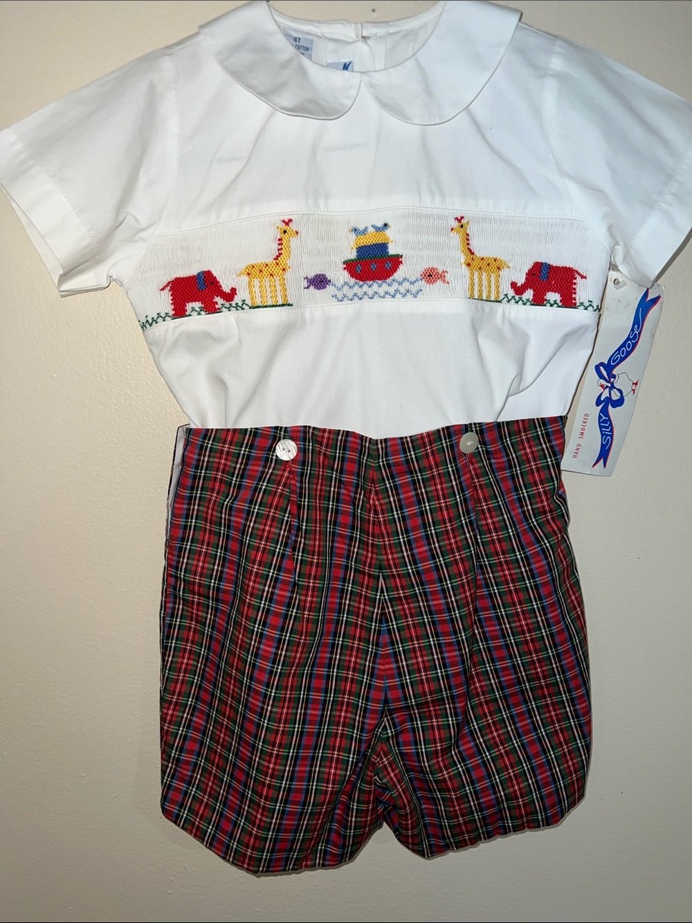 Smocked Noah's Ark Top with Red Tartan Plaid Shorts